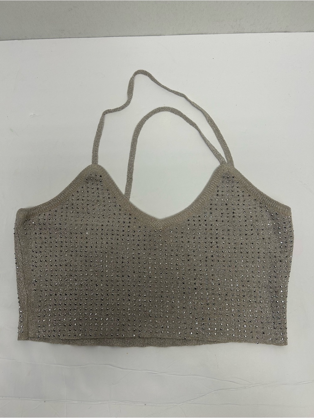 Embellished Taupe Knit Halter Crop Top